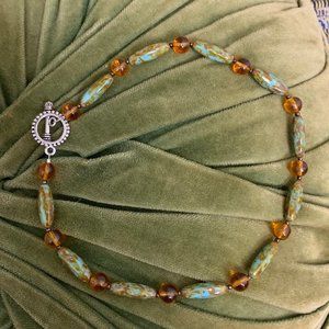 Vintage amber color and green marble turquoise beaded choker necklace jewelry ac